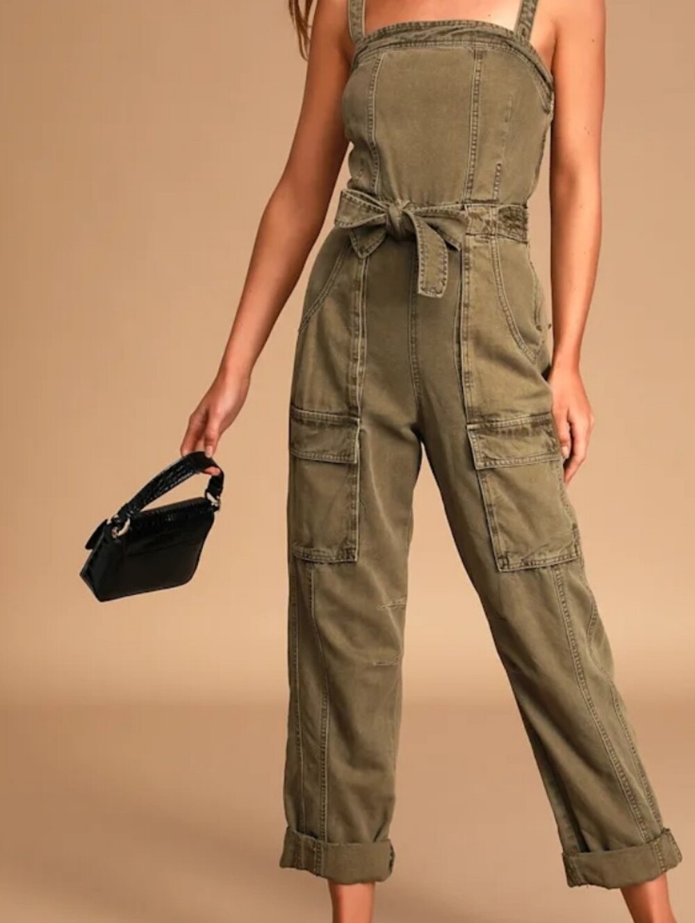 Free People Go West Olive Green Utility Jumpsuit Size XS
